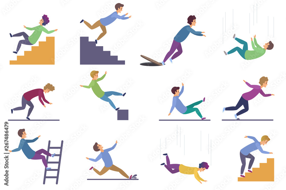 Set of injuring people falling down the stairs and over the edge, ladder, drop from the altitude, wet floor falling, stumbling on the sewer hall, tripping on stairs isolated on white background. - obrazy, fototapety, plakaty 