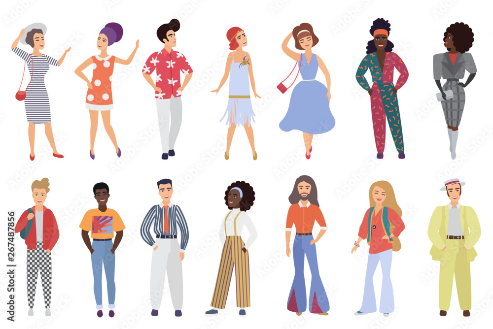 Vektor Set of young men and women wearing retro disco party clothes in 60s,  70s 80s style isolated on white background vector illustration. ve slub  Stock | Adobe Stock