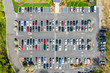 Aerial drone view of a busy corporate parking lot in a business park in Parsippany, New Jersey