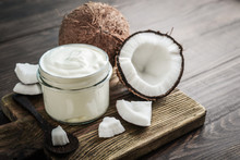 Coconut Cream In A Glass Jar With Fresh Coconut
