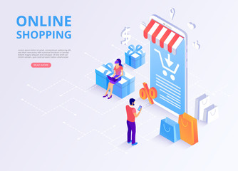 Wall Mural - Online store, shopping, online payment. Homepage template with 3d smartphone, goods and customers.