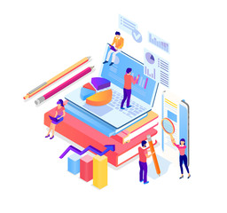 Wall Mural - Business statistics, financial indicators and online analysis service. Illustration with people and laptop.