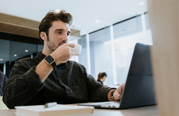 Wall Mural - casual man working in a cafe