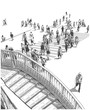 Illustration of Japanese city street with people crossing zebra during rush hour