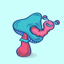 Mushroom Vector Illustration. Cartoon Hand Drawn The Worm Come Out From Mushroom. Mushroom Clipart For Sticker And Gaming Element Design.