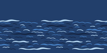Navy Blue Ocean Waves Seamless Vector Border. Hand Drawn Seaside Beach Water Tile. Wavy Aqua All Over Print For Seafaring Blog, Nautical Textiles, Maritime Home Decor. Wet Lake, River, Sea Fabric