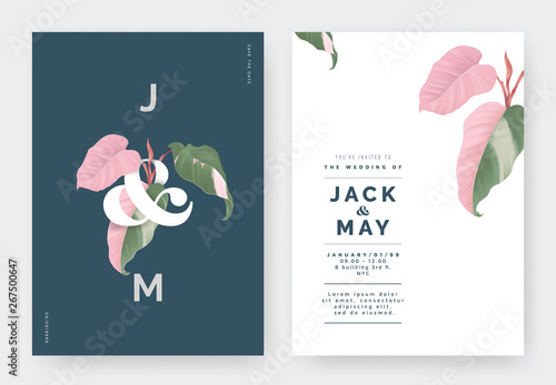Minimalist botanical wedding invitation card template design, Philodendron pi...