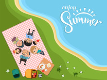 Enjoy Summer, Happy Family Picnic In Outdoor Modern Flat Style In Green Meadow Top View. Vector Illustration.