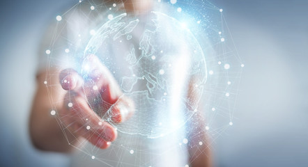 Fototapete - Businessman using Europe map globe network hologram 3D rendering