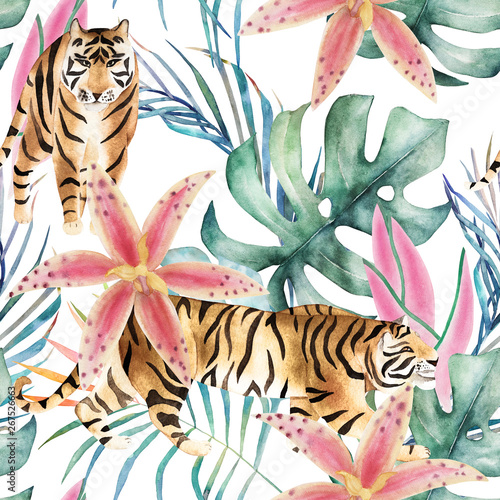 Tropical seamless pattern with tigers, orchids and leaves. Watercolor summer ...