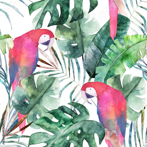 Dekoracja na wymiar  letni-wzor-z-papugami-i-tropikalnymi-liscmi-nadruk-akwarelowy-egzotyczny-kwiatowy