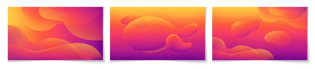 Wall Mural - Set of horizontal abstract color background with liquid shapes. Wallpaper template is vibrant orange to purple gradient. Vector illustration.