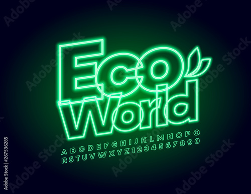 Vector Green Neon Banner Eco World With Electric Uppercase Font