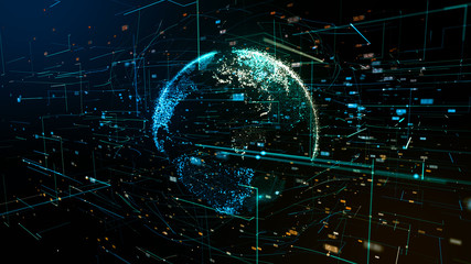 3d illustration of abstract sphere shape of glowing circles and particles . Global Network connection visualization . Futuristic earth globe . 3d planet concept . Science and technology background