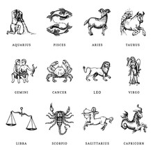 Zodiac Symbols Set, Hand Drawn In Engraving Style. Vector Graphic Retro Illustration Of Astrological Signs.