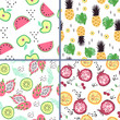 Set of four seamless patterns with bright doodle style fruits