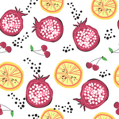 Wall Mural - Bright seamless pattern with doodle style fruits