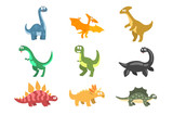Fototapeta Dinusie - Flat vector set of cartoon dinosaurs. Funny animals of Jurassic period. Elements for postcard, children book, sticker or mobile game