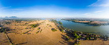 Aerial Panoramic 4000 Islands Mekong River In Laos, Li Phi Waterfalls, Famous Travel Destination Backpacker In South East Asia