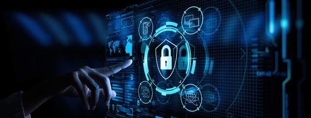 Leinwandbilder - Data protection Cyber Security Privacy Business with Woman hand pointing with UI.Internet Technology Concept.