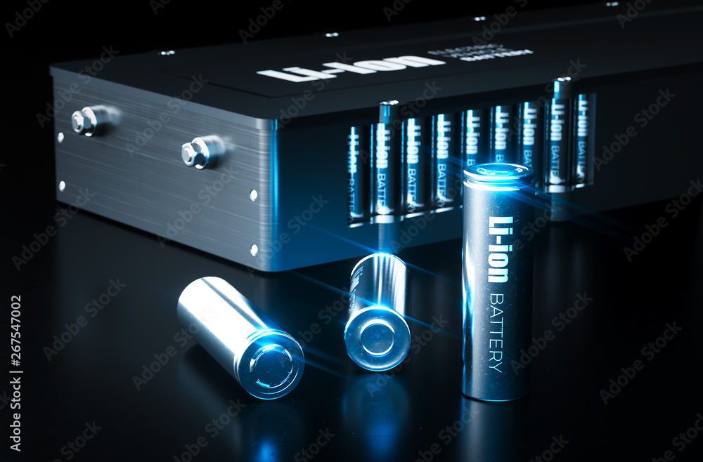 Modern lithium ion battery technology concept. Metal Li-Ion battery cells with electric vehicle battery pack on black background. 3d illustration. - obrazy, fototapety, plakaty 