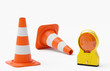 Baustelle Warnung - Bakenleuchte Baustellenleuchte Gehäuse gelb - Glas orange und zwei Verkehrshütchen Leitkegel stehend und liegend - freigestellt