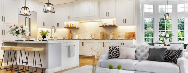 luxurious interior design of white kitchen, dining room with windows and living room in one space