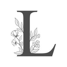 Uppercase Letter L With Flowers And Branches. Vector Flowered Monogram Or Logo. Hand Drawn Concept. Botanical Design Branding. Composition Of Letter And Flowers For Wedding Card, Invitations, Brand