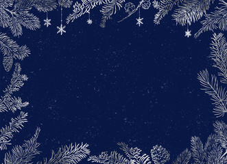 christmas poster - illustration. vector illustration of christmas blue background with silver branch