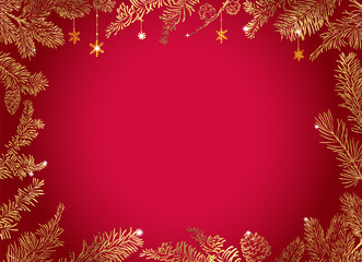 Wall Mural - christmas poster - illustration. vector illustration of christmas red background with golden branche