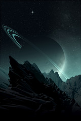 space landscape, rocky alien planet with planet on night sky, science fiction spatial illustration w