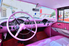 Interior Of A Classic Pink Retro Cabriolet Car In Havana, Cuba