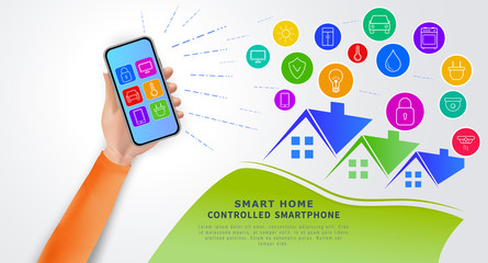 Smart home automation technology concept. Eco friendly modern house. Hand holding smartphone with mobile app for remote home control system. Internet of things with icons of home electronic devices. 