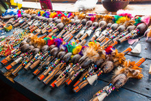 Souvenirs In The Amazon Rainforest Made From Local Nuts And Animals Near Iquitos. Market For Tourists On The Amazon River. Amazonas, Brazil