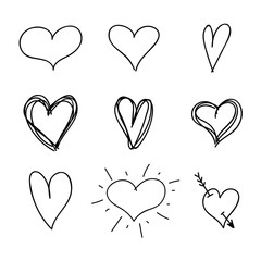 Wall Mural - Vector Set of Nine Hand Drawn Hearts, Handdrawn Rough Marker Icons, Black Drawings Isolated.