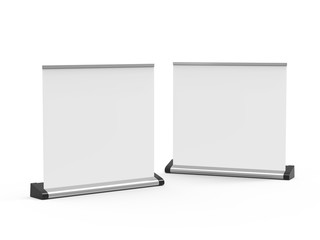 Wall Mural - White wide blank roll-up banner mockup on isolated white background, showcase your design and layouts for exhibition or presentation, 3d illustration