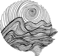 Black White Illustration Of Sea Waves And Sky In Hatching Style.