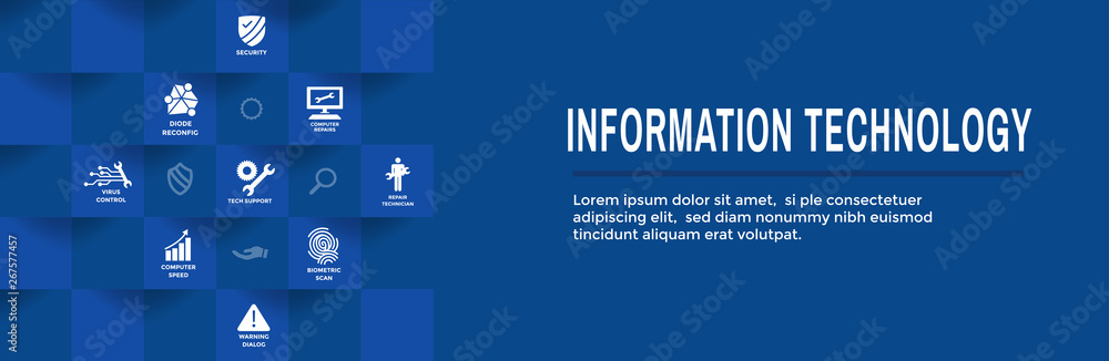 Information technology Web Header Banner with Wrench, Computer Repairman, computer icons, etc. - obrazy, fototapety, plakaty 
