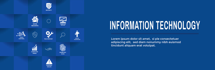 Wall Mural - Information technology Web Header Banner with Wrench, Computer Repairman, computer icons, etc.