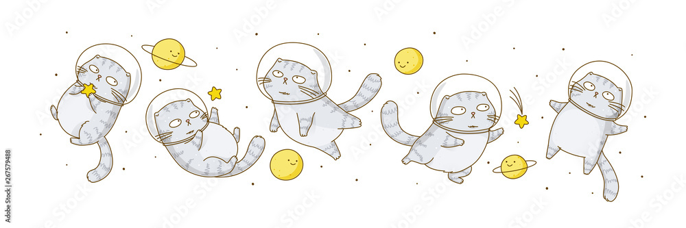 Set of cute scottish fold cats astronauts isolated on white background - obrazy, fototapety, plakaty 