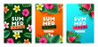 Summer background with tropical flowers and palm leaves. Vector illustration
