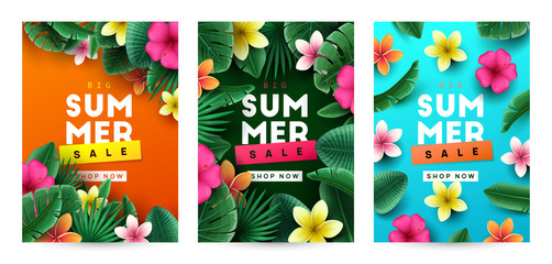 summer background with tropical flowers and palm leaves. vector illustration