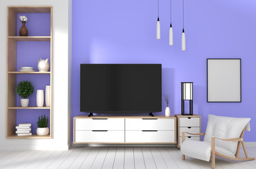 Wall Mural - TV in japanese room with decoration on purple color wall background.3d rendering