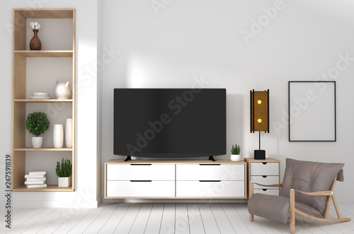 Tv Cabinet On White Wood Flooring And White Wall Minimalist