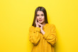 © F8  \ Suport Ukraine - Young pretty charmning woman wearing in yellow sweater isolated on yellow background