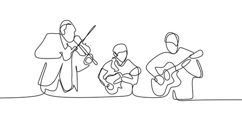 Classical music jazz players continuous one line drawing group of people playing instruments