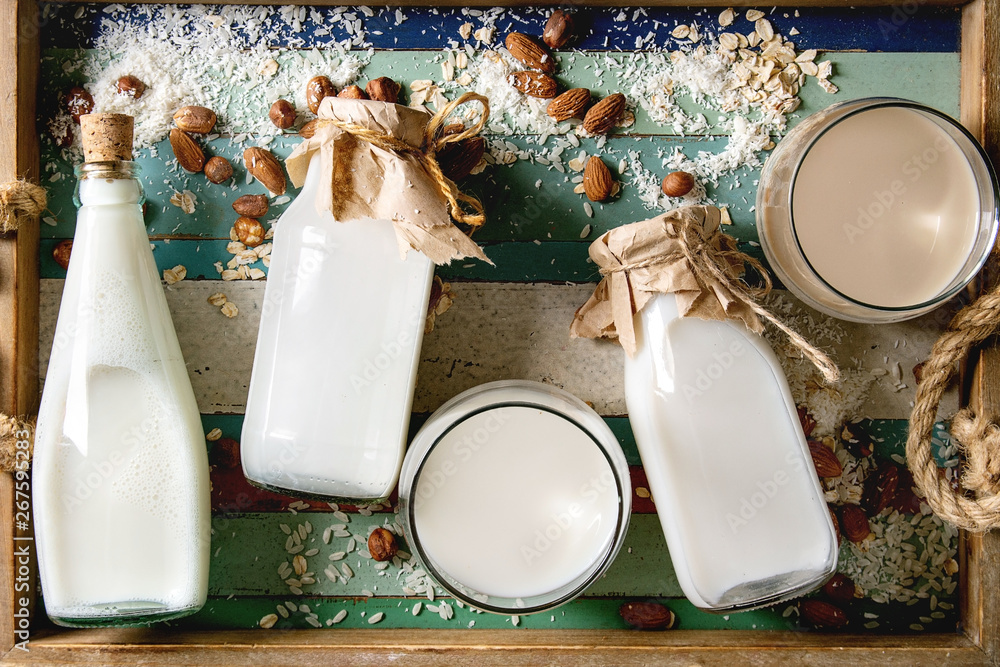 Variety of non-dairy vegan lactose free nuts and grain milk almond, hazelnut, coconut, rice, oat in glass bottles with ingredients above in wooden colorful plank tray. Flat lay, space