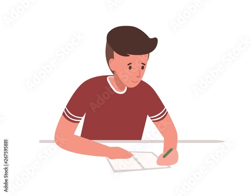 Cute Young Boy Sitting At Desk And Writing School Test Isolated On