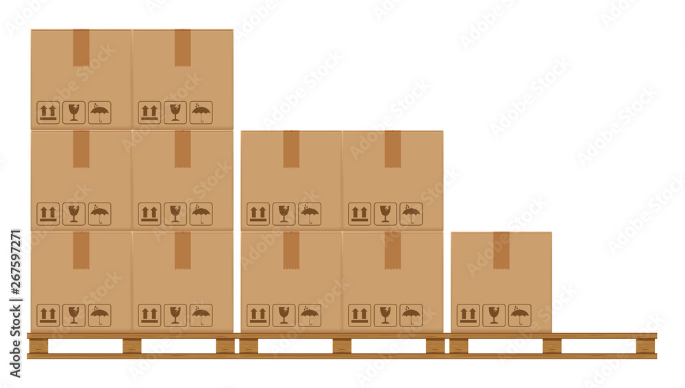 crate boxes on wooded pallet, wood pallet with cardboard box in factory warehouse storage, flat style warehouse cardboard parcel boxes stack, packaging cargo, 3d boxes brown isolated on white - obrazy, fototapety, plakaty 
