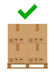 crate boxes on wooded pallet and check mark green for product arrangement concept, stack cardboard box in factory warehouse storage, cardboard parcel boxes packaging cargo brown isolated on white